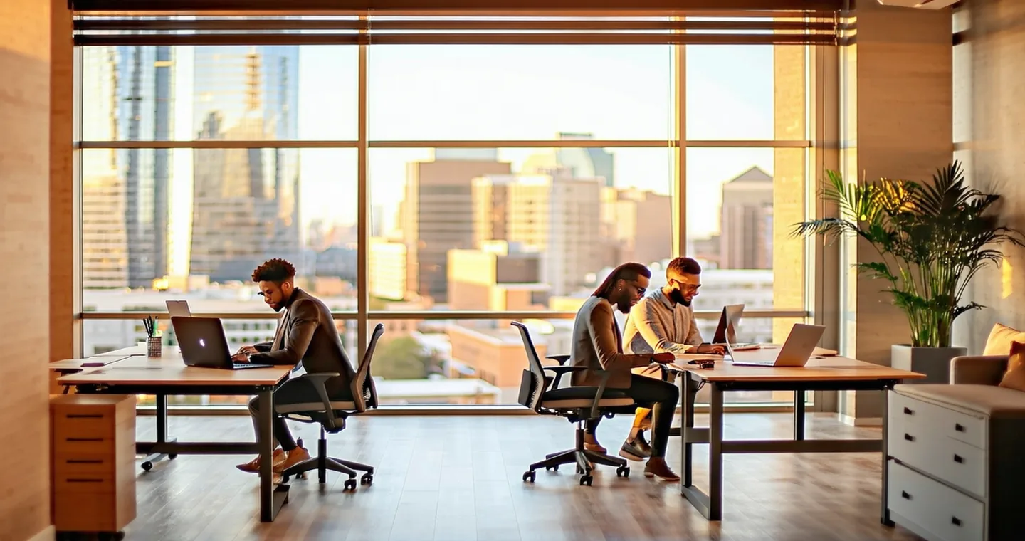 Mainstreetspine team working in a modern Atlanta office with Midtown Atlanta skyline visible through windows