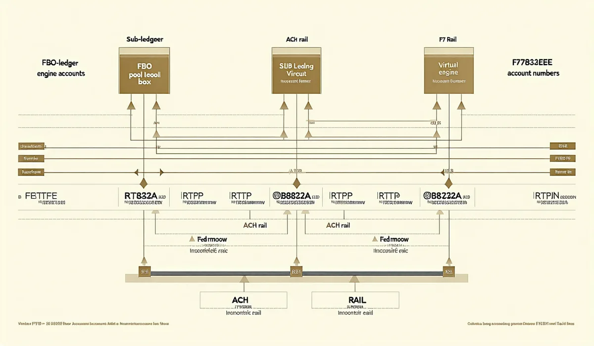 Mainstreetspine platform architecture diagram showing sub-ledger engine connected to FBO accounts, virtual accounts, and ACH/RTP payment rails