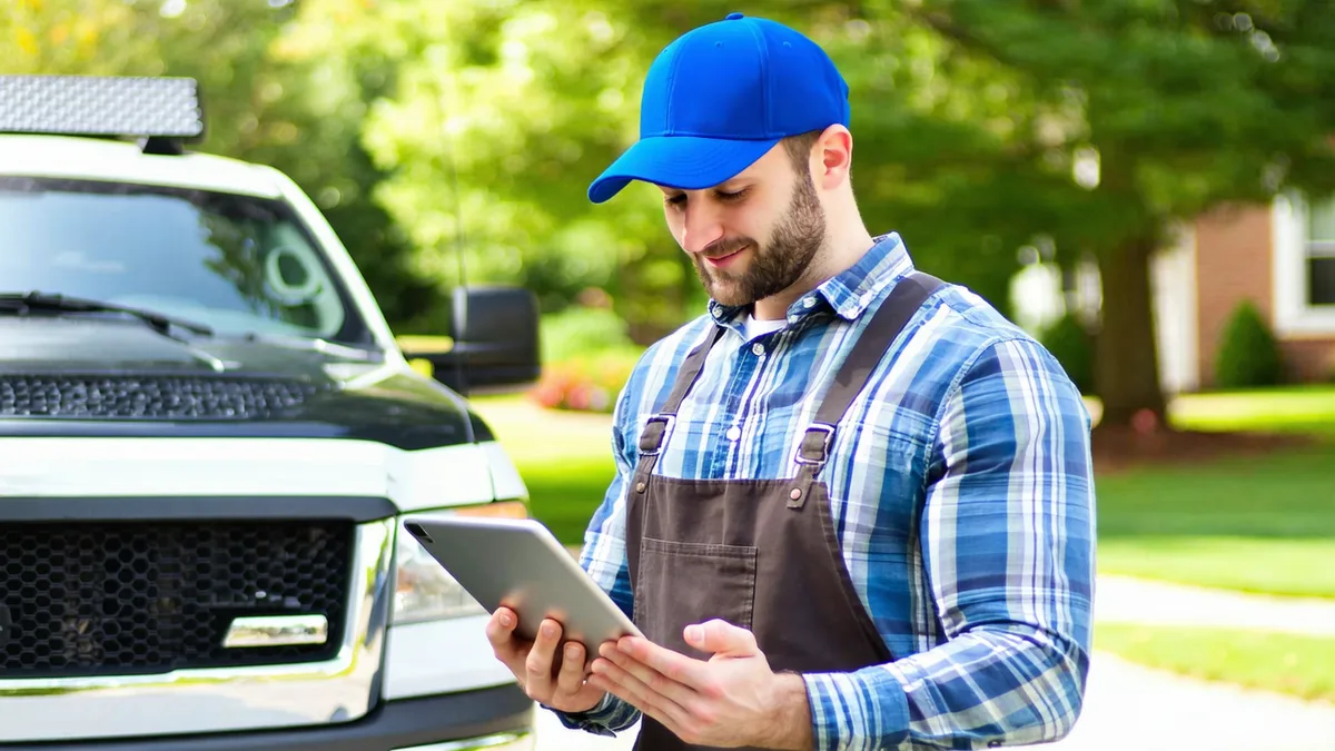 Lawn care or landscaping business owner reviewing job schedule and payments on a tablet computer